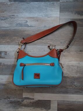 Dooney & Bourke Turquoise Pebble Leather Shoulder Bag with Brown Trim